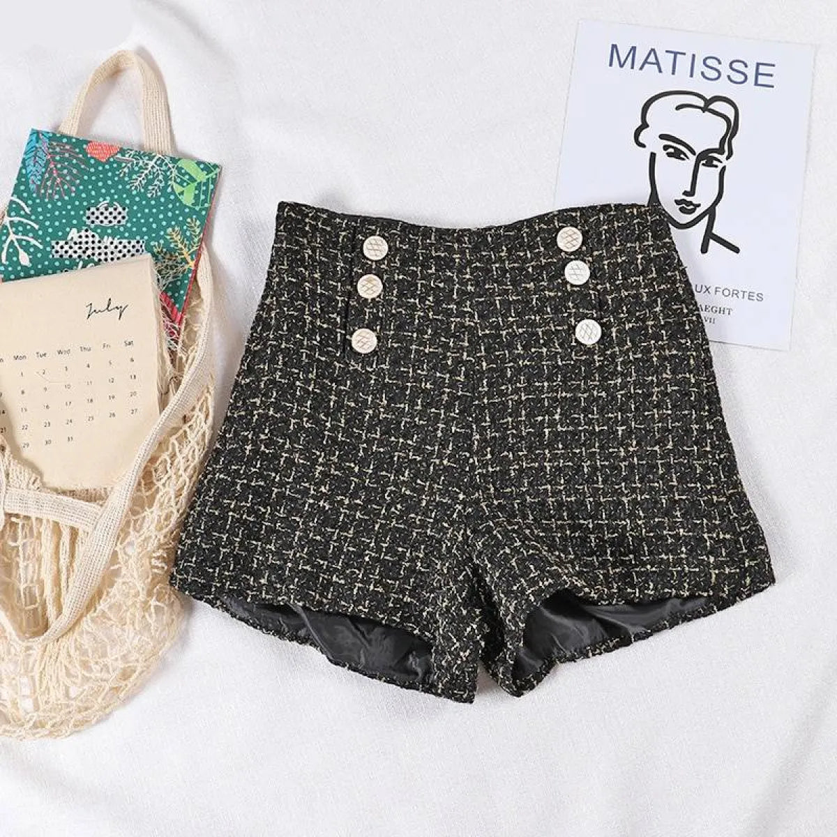 Button Decorated Tweed Shorts for Women Strap from Kawaii Stop