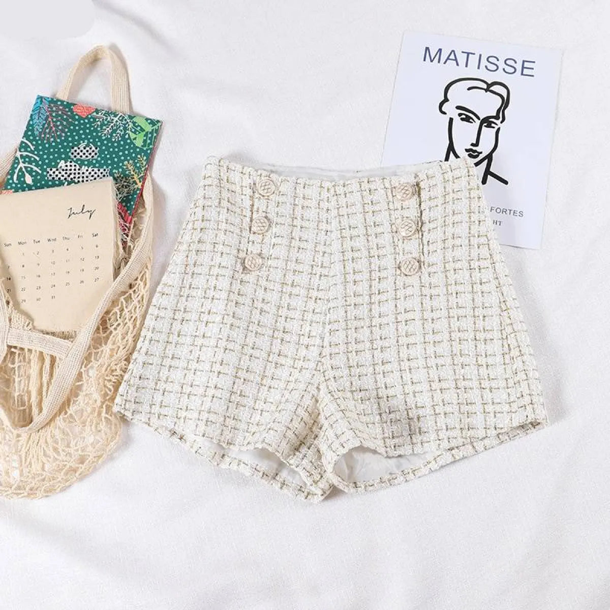 Button Decorated Tweed Shorts for Women Strap from Kawaii Stop