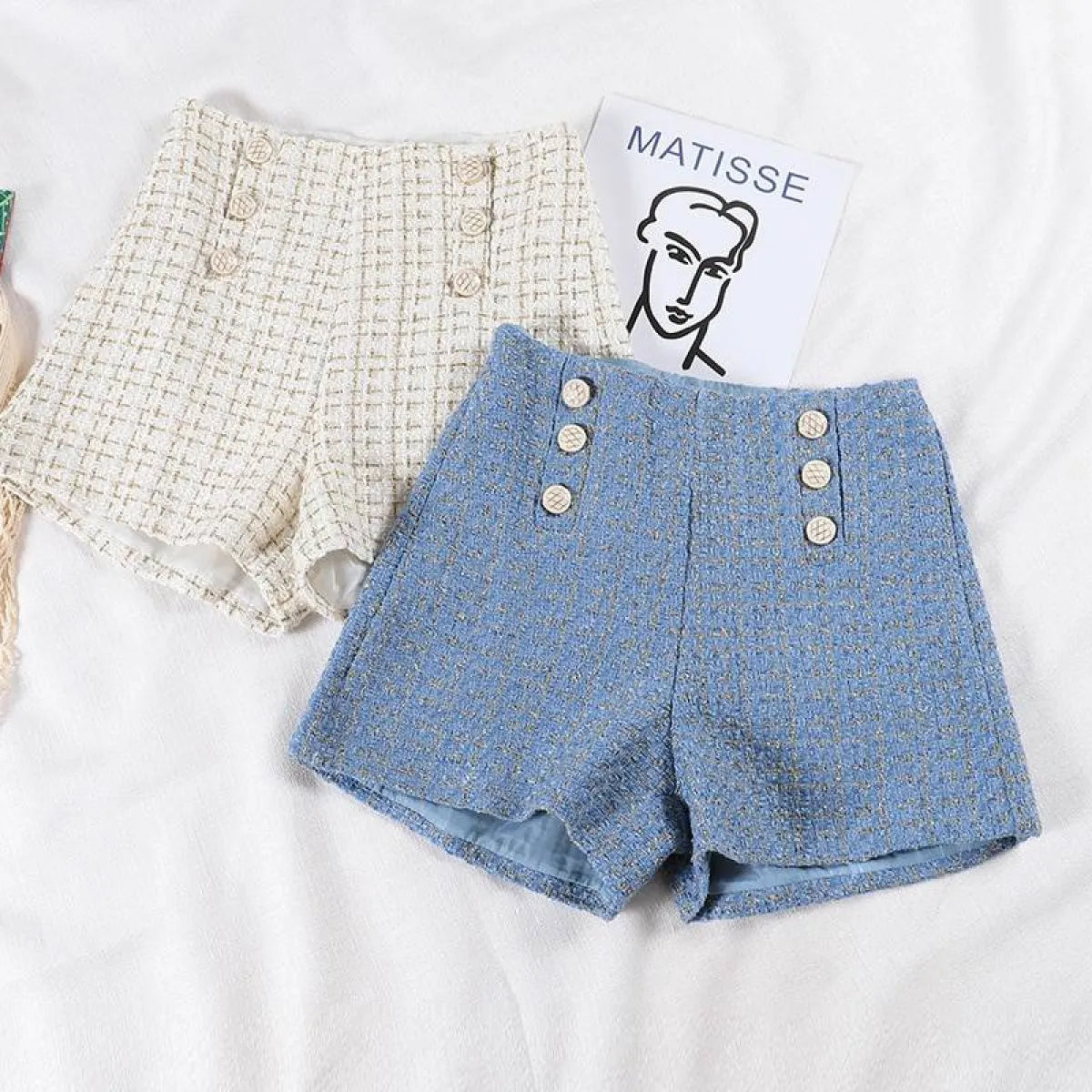 Button Decorated Tweed Shorts for Women Strap from Kawaii Stop