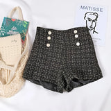 Button Decorated Tweed Shorts for Women Strap from Kawaii Stop