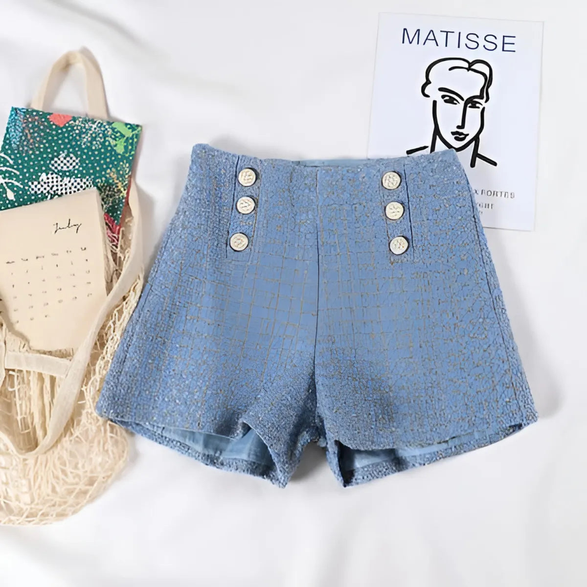Button Decorated Tweed Shorts for Women Strap from Kawaii Stop