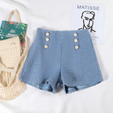 Button Decorated Tweed Shorts for Women Strap from Kawaii Stop