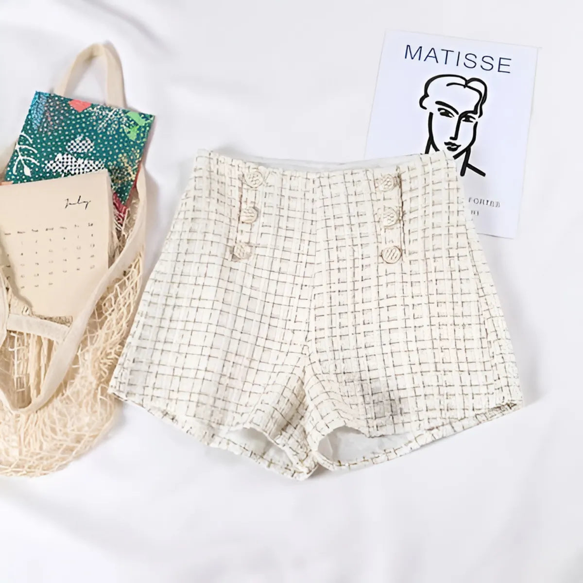 Button Decorated Tweed Shorts for Women Strap from Kawaii Stop