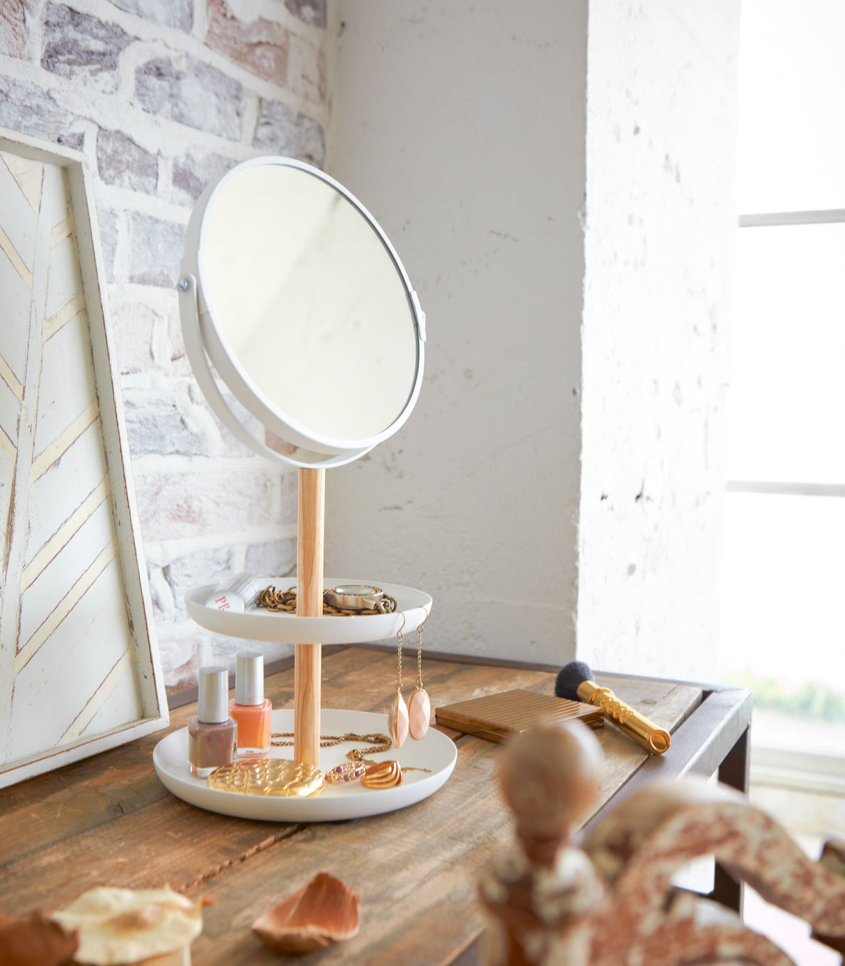 Two-Tier Jewelry Tray With Mirror - Steel + Wood from Yamazaki Home
