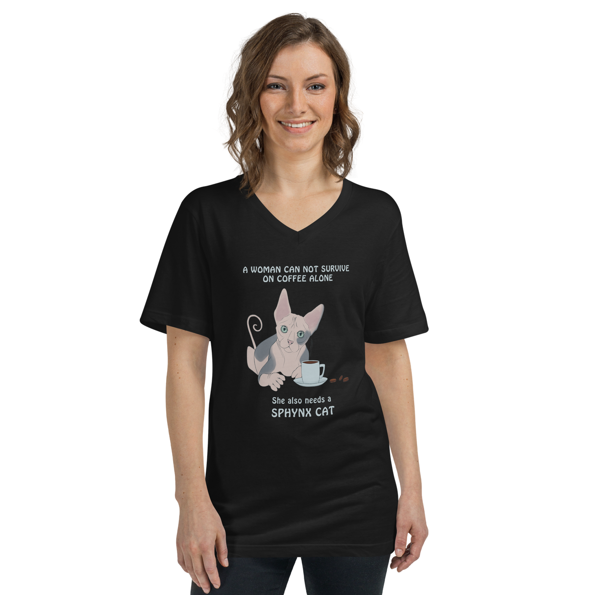 "WOMAN CAN'T SURVIVE ON COFFEE ALONE" WOMAN'S V-NECK TEE from ReNewedPet