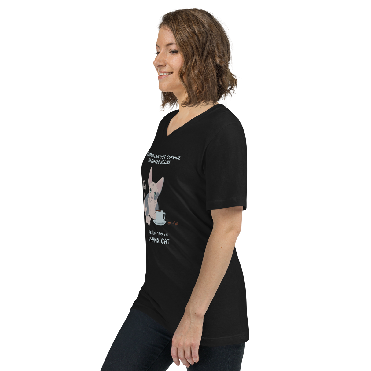 "WOMAN CAN'T SURVIVE ON COFFEE ALONE" WOMAN'S V-NECK TEE from ReNewedPet
