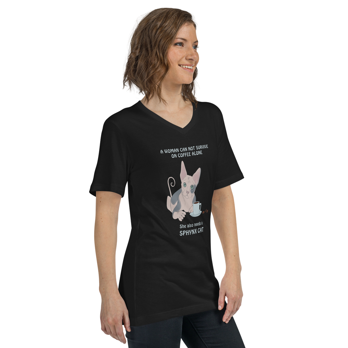 "WOMAN CAN'T SURVIVE ON COFFEE ALONE" WOMAN'S V-NECK TEE from ReNewedPet