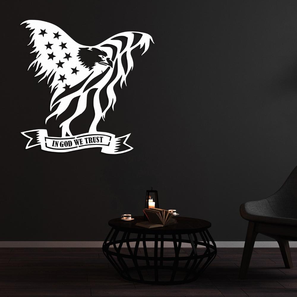 Bald Eagle Metal Wall Art  with Flag Holding In God We Trust from VITAHOME DESIGN LLC