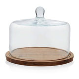 Libbey Acaciawood Flat Round Wood Server Cake Stand with Glass Dome from Libbey