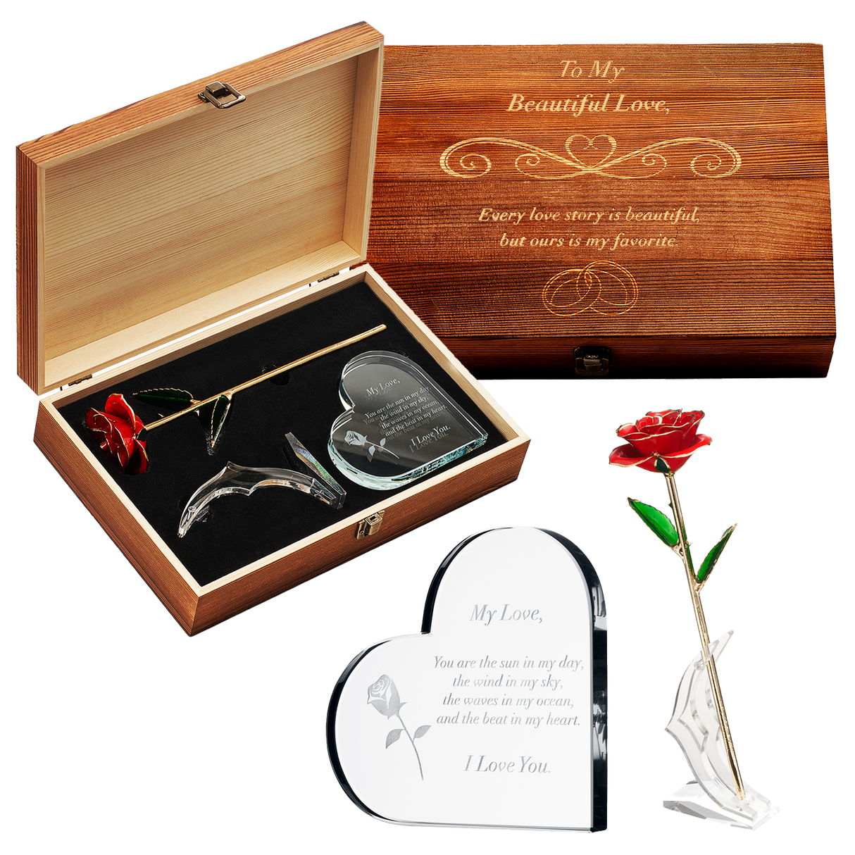 Anniversary, Birthday & Everyday 24K Gold Rose Love Box for Wife, Her, Women - Engraved Wooden Set 'To My Beautiful Love' Inscription, Includes Crystal Heart - For Birthday 1st Anniversaries from The Wine Savant