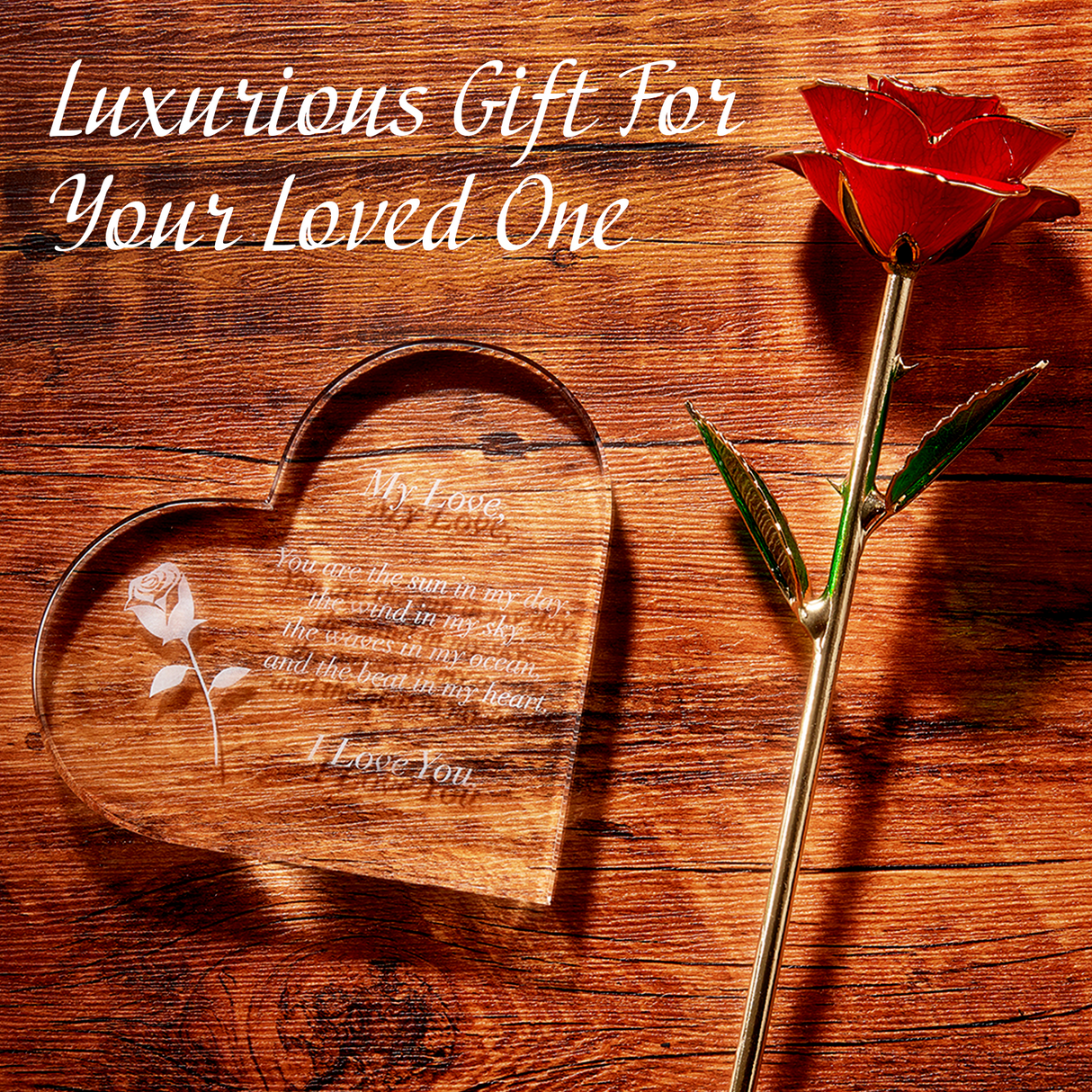 Anniversary, Birthday & Everyday 24K Gold Rose Love Box for Wife, Her, Women - Engraved Wooden Set 'To My Beautiful Love' Inscription, Includes Crystal Heart - For Birthday 1st Anniversaries from The Wine Savant