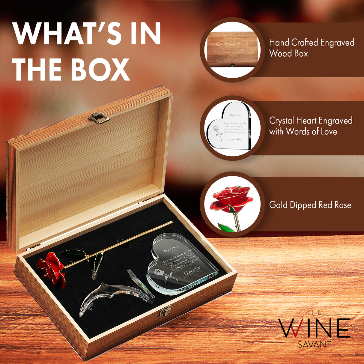 Anniversary, Birthday & Everyday 24K Gold Rose Love Box for Wife, Her, Women - Engraved Wooden Set 'To My Beautiful Love' Inscription, Includes Crystal Heart - For Birthday 1st Anniversaries from The Wine Savant