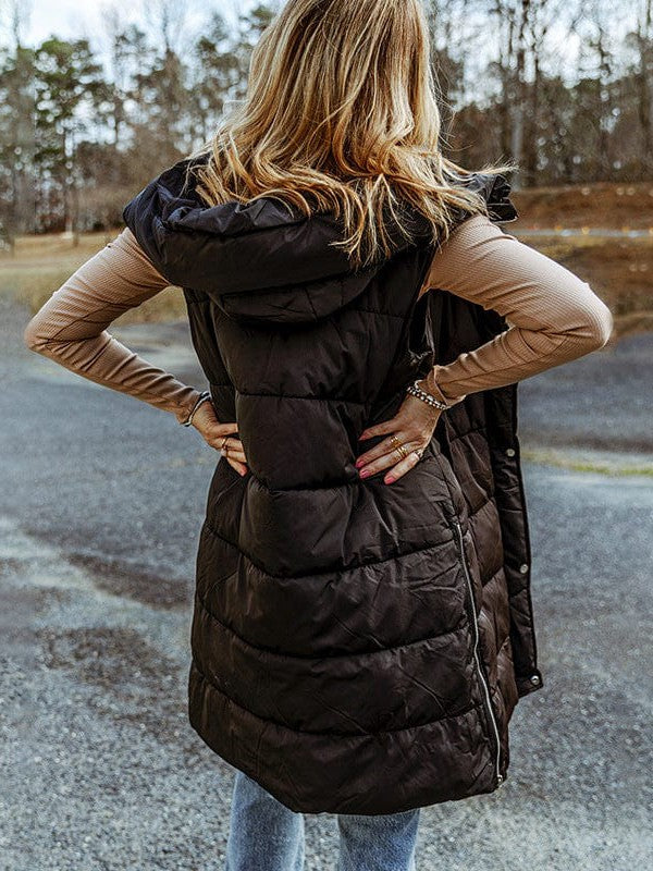 Black Long Hooded Puffer Vest - Women's Winter Wear from MsDressly