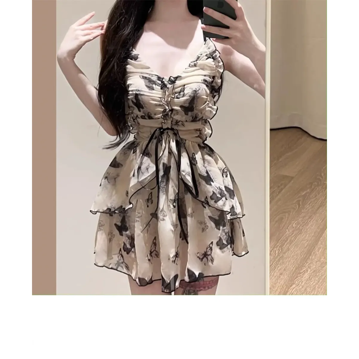 Butterfly Print One Piece Swimsuit – Vintage Ruffle Mini Dress Style Strap from Kawaii Stop