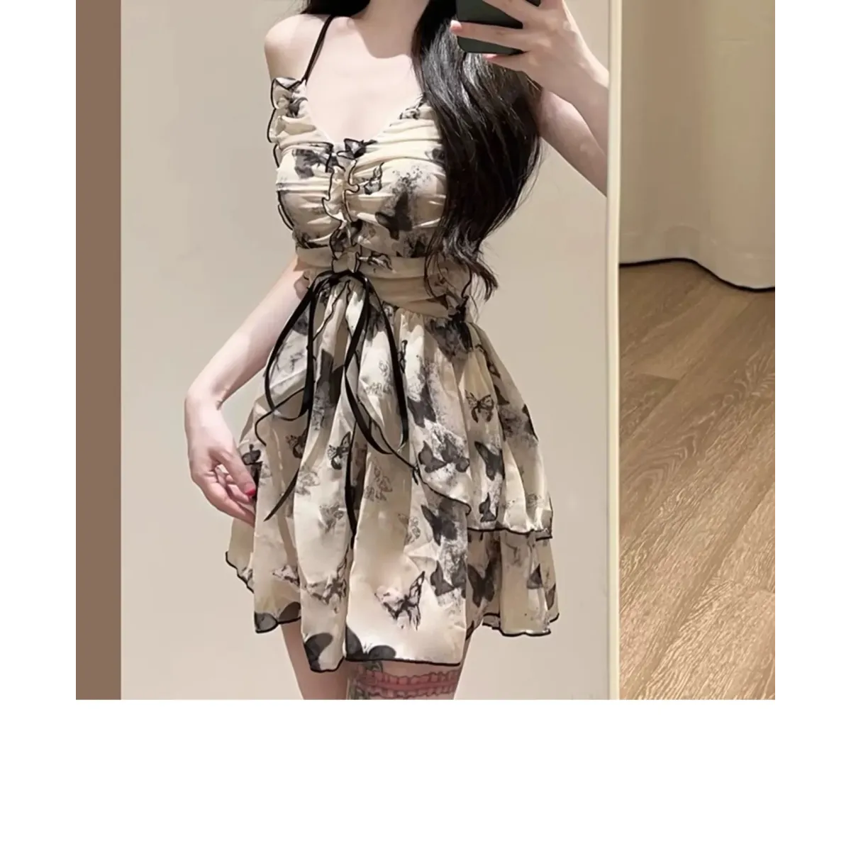 Butterfly Print One Piece Swimsuit – Vintage Ruffle Mini Dress Style Strap from Kawaii Stop