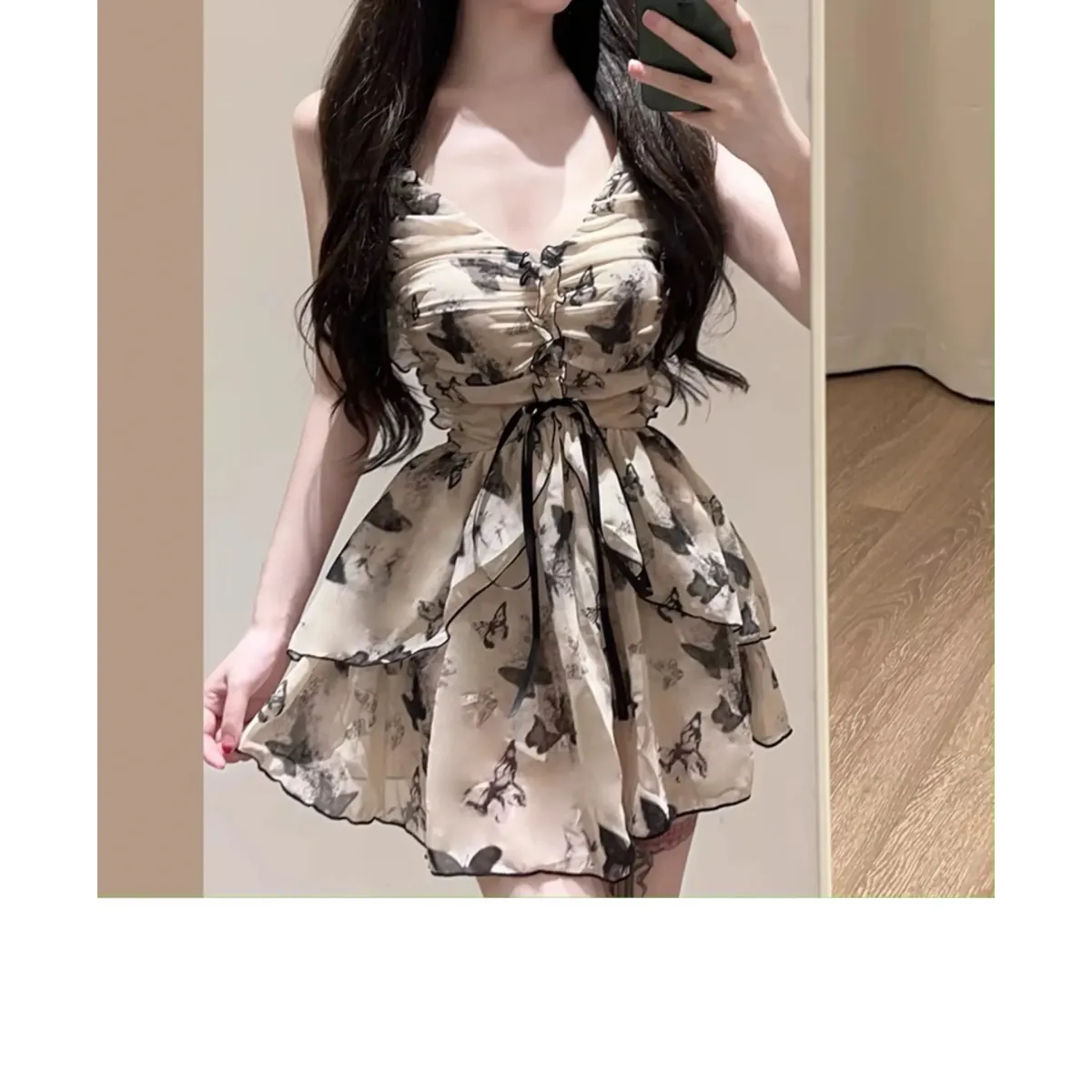 Butterfly Print One Piece Swimsuit – Vintage Ruffle Mini Dress Style Strap from Kawaii Stop