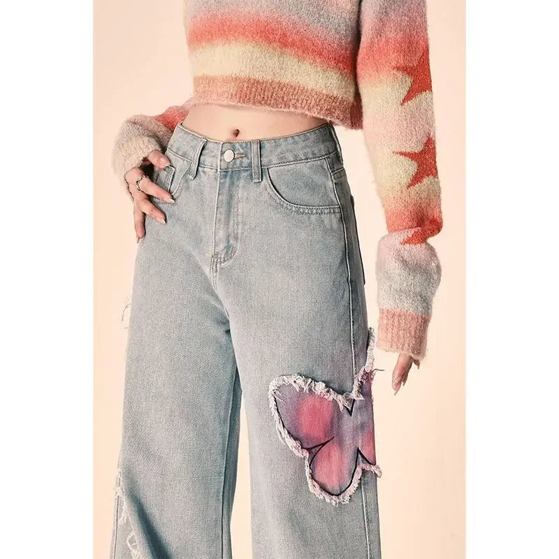 Butterfly Print Wide-Leg Jeans – Vintage Y2K Aesthetic From Kawaii Stop