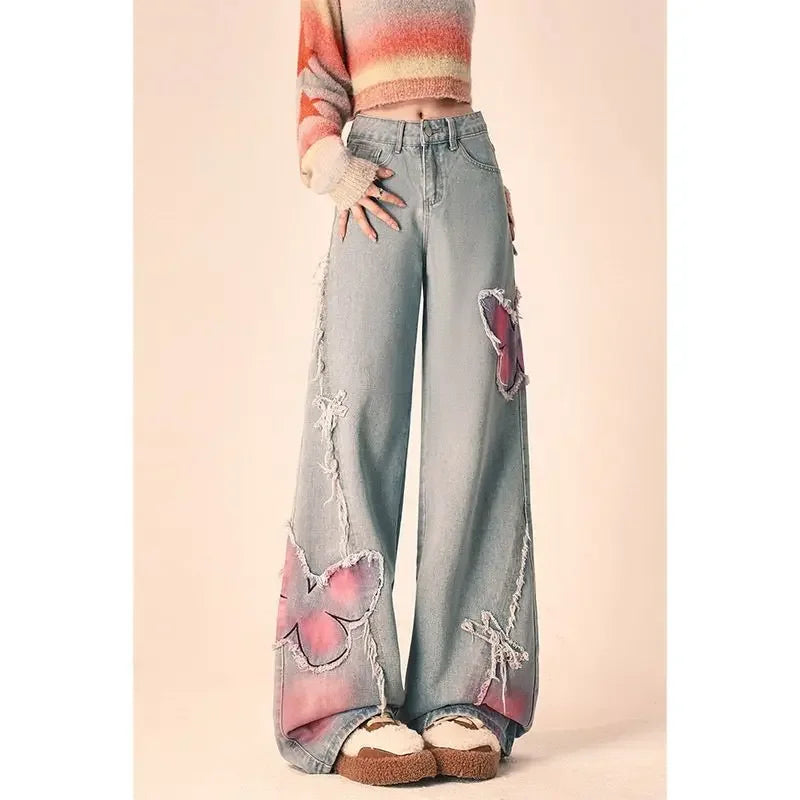 Butterfly Print Wide-Leg Jeans – Vintage Y2K Aesthetic From Kawaii Stop