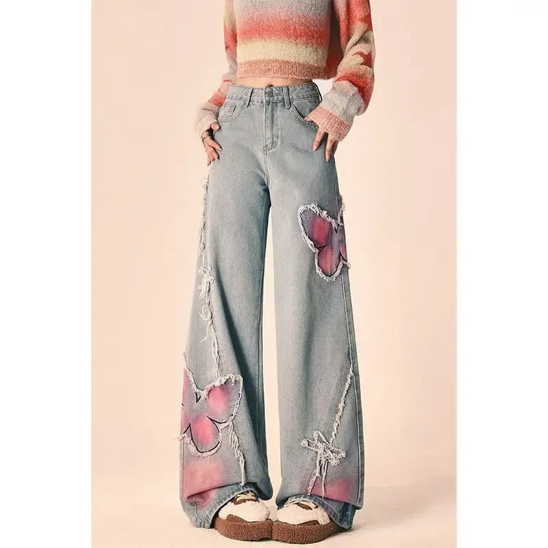 Butterfly Print Wide-Leg Jeans – Vintage Y2K Aesthetic From Kawaii Stop