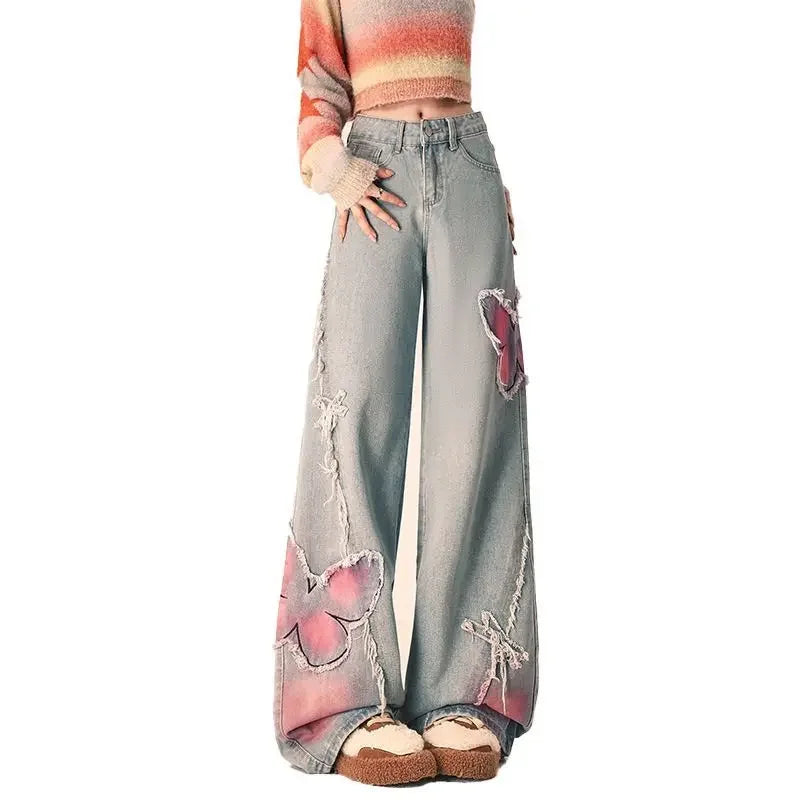 Butterfly Print Wide-Leg Jeans – Vintage Y2K Aesthetic From Kawaii Stop