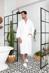 Waffle Kimono Spa Bathrobe for Men -  Absorbent, Lightweight From Lotus Linen