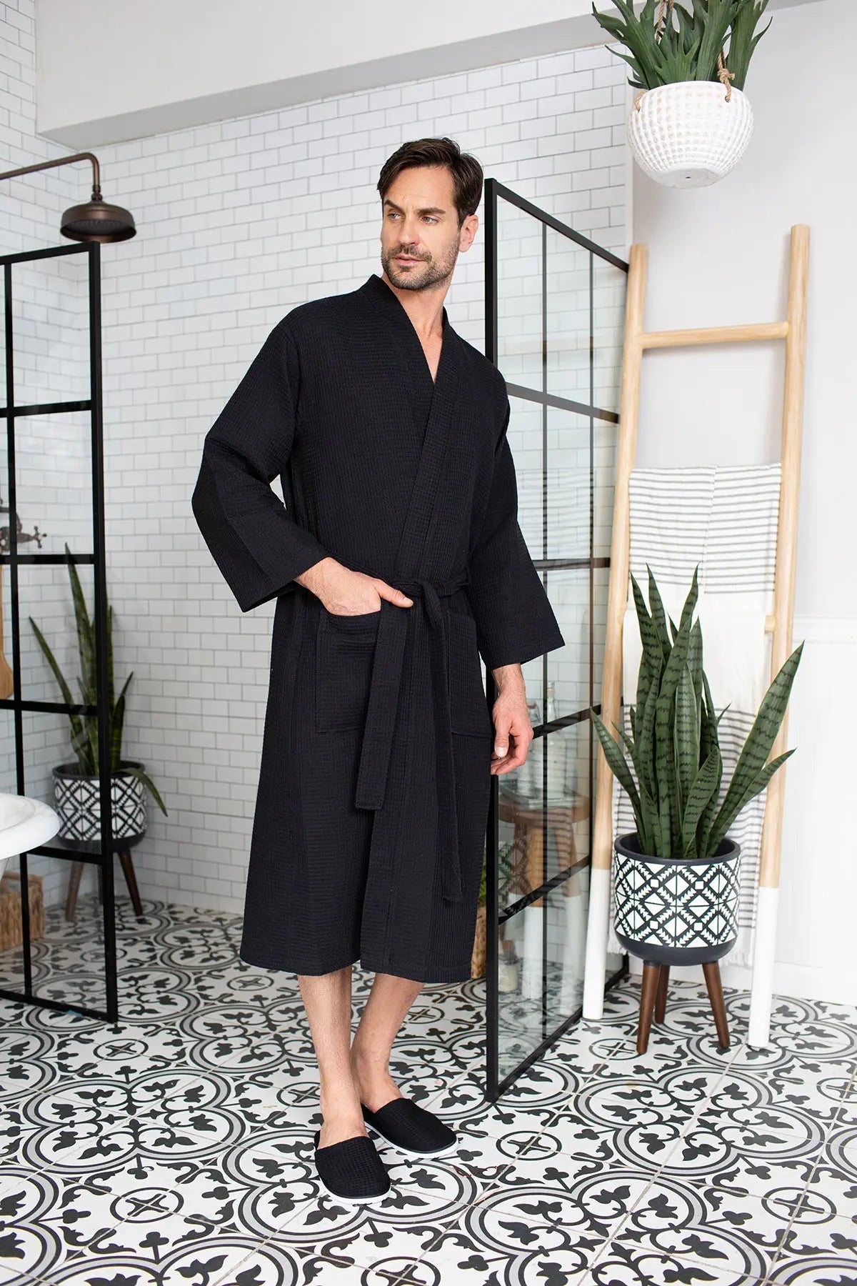 Waffle Kimono Spa Bathrobe for Men -  Absorbent, Lightweight From Lotus Linen