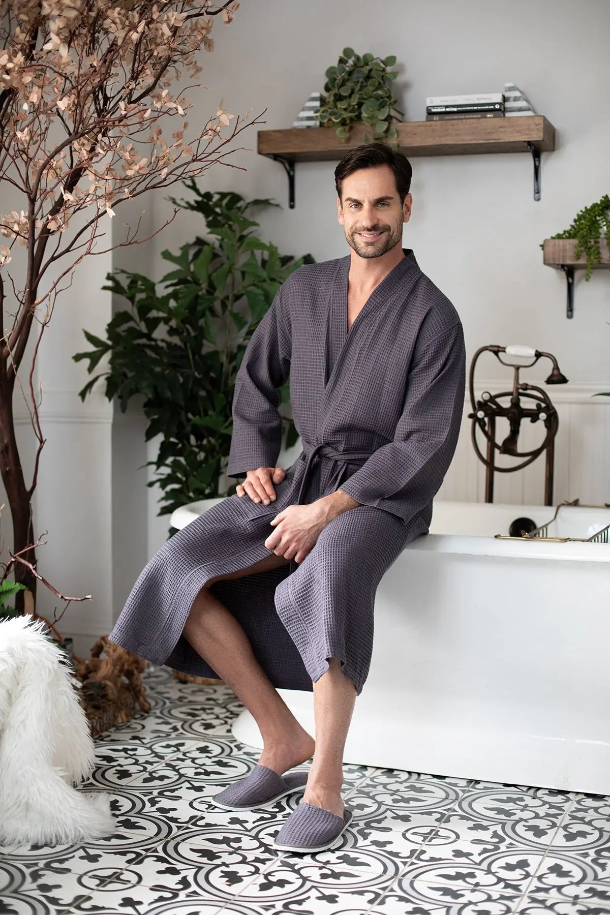Waffle Kimono Spa Bathrobe for Men -  Absorbent, Lightweight From Lotus Linen