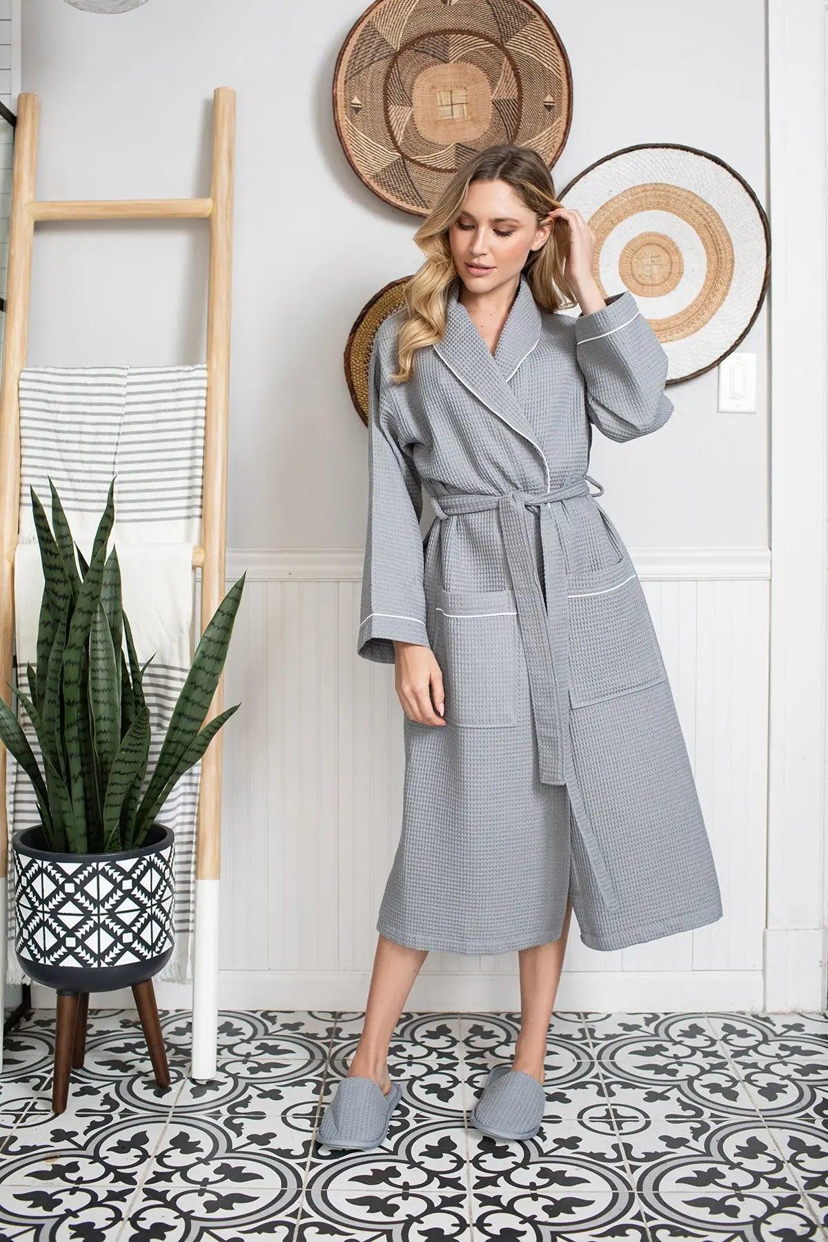 Piped Waffle Bathrobe for Women From Lotus Linen
