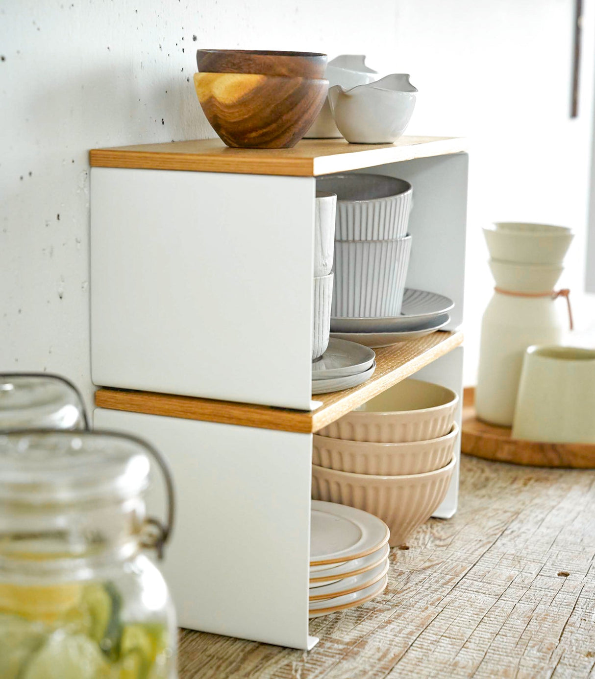 Stackable Countertop Shelf - Two Sizes - Steel + Wood from Yamazaki Home