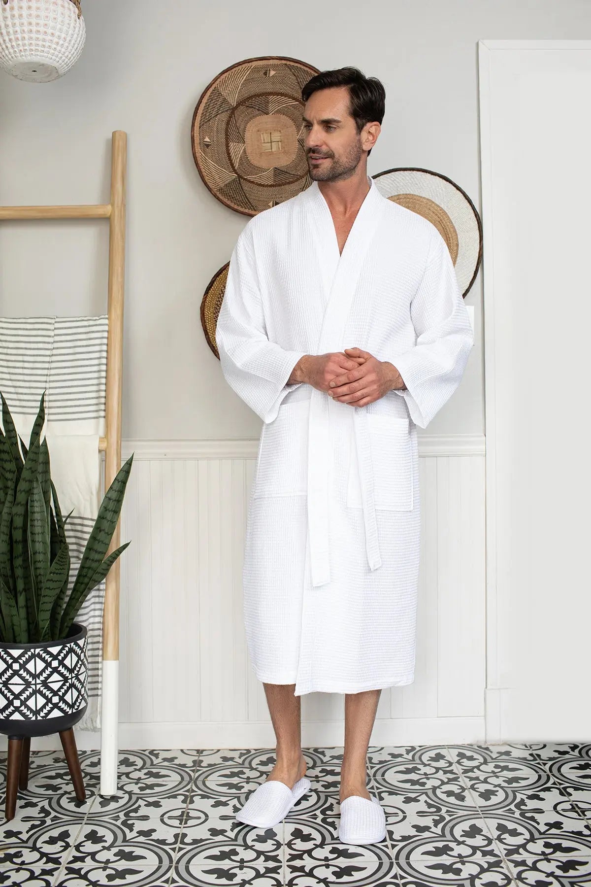 Waffle Kimono Spa Bathrobe for Men -  Absorbent, Lightweight From Lotus Linen