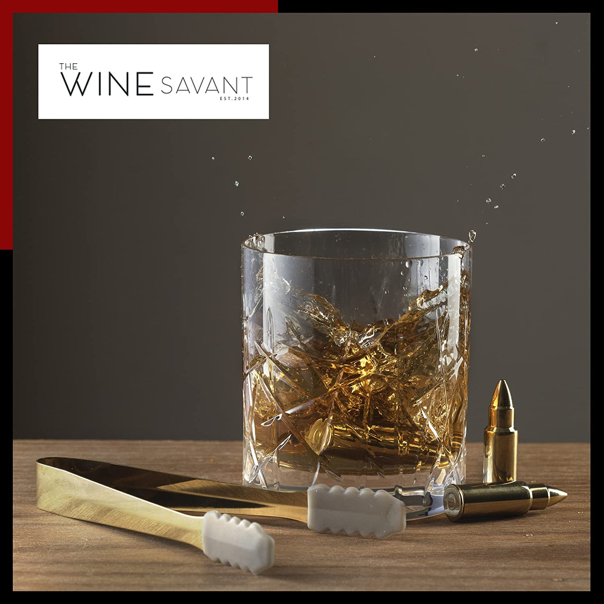 Bullet Whiskey Chillers Stones - 1.75in Whiskey Rocks by The Wine Savant Set of 6 - Stainless Steel Bullet Shaped Ice Cubes, Gift Box Come, Tongs and Storage Bag, Whiskey or Scotch Rocks (Gold) from The Wine Savant