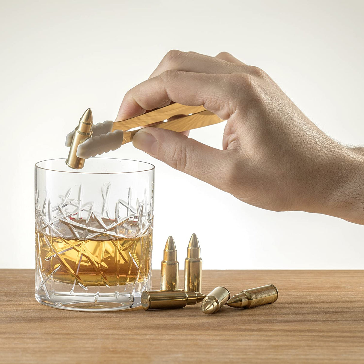 Bullet Whiskey Chillers Stones - 1.75in Whiskey Rocks by The Wine Savant Set of 6 - Stainless Steel Bullet Shaped Ice Cubes, Gift Box Come, Tongs and Storage Bag, Whiskey or Scotch Rocks (Gold) from The Wine Savant