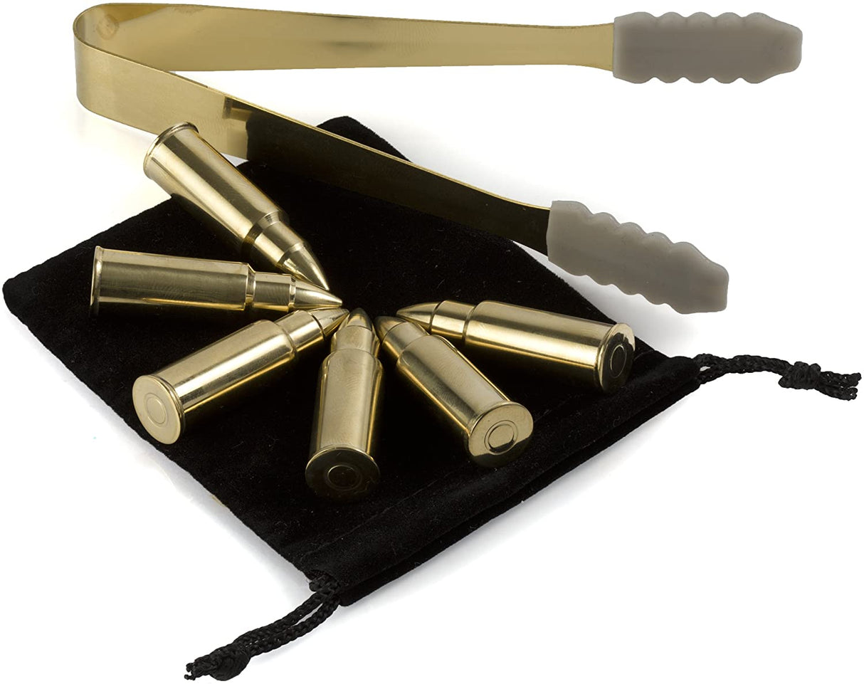 Bullet Whiskey Chillers Stones - 1.75in Whiskey Rocks by The Wine Savant Set of 6 - Stainless Steel Bullet Shaped Ice Cubes, Gift Box Come, Tongs and Storage Bag, Whiskey or Scotch Rocks (Gold) from The Wine Savant