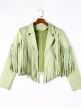 Black and Sage Green Fringe Suede Jacket from MsDressly