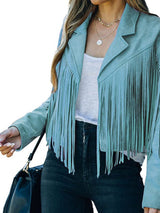 Black and Sage Green Fringe Suede Jacket from MsDressly