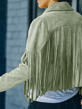 Black and Sage Green Fringe Suede Jacket from MsDressly