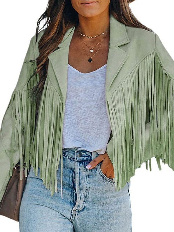 Black and Sage Green Fringe Suede Jacket from MsDressly