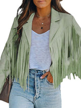 Black and Sage Green Fringe Suede Jacket from MsDressly