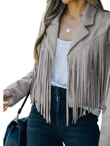 Black and Sage Green Fringe Suede Jacket from MsDressly