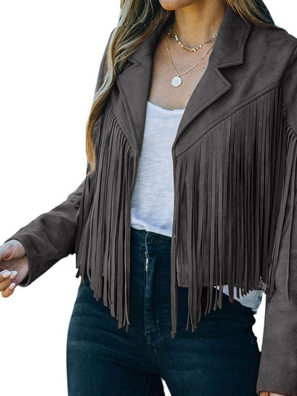 Black and Sage Green Fringe Suede Jacket from MsDressly