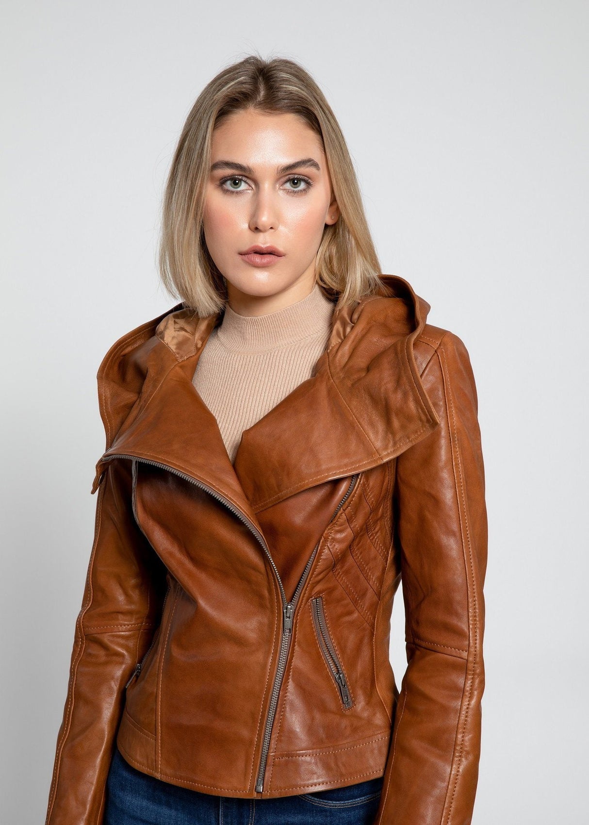 Sasha High Fashion Womens Hooded Leather Jacket from FAD