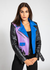 Women's Block Print Moto Style Faux Leather Jacket - Purple/Blue From FAD