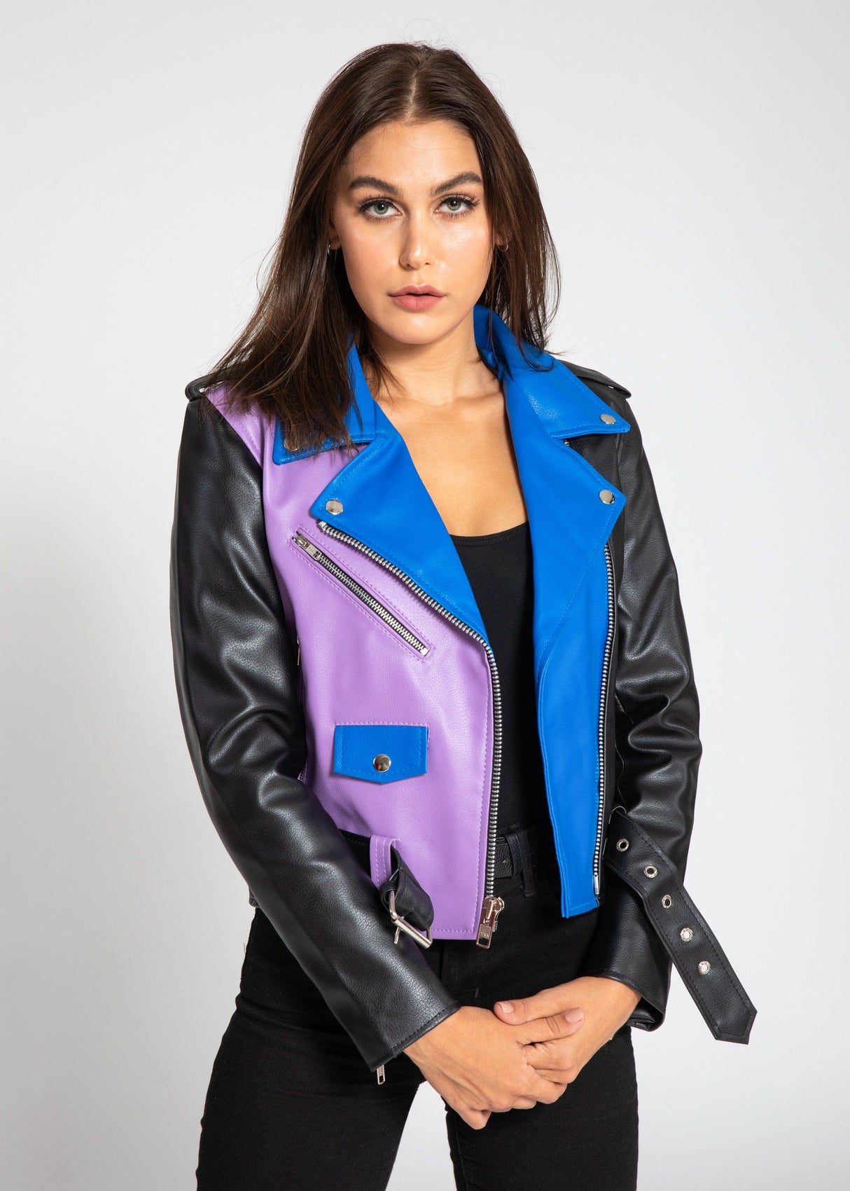 Women's Block Print Moto Style Faux Leather Jacket - Purple/Blue From FAD