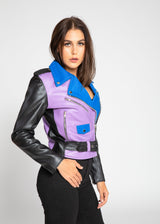 Women's Block Print Moto Style Faux Leather Jacket - Purple/Blue From FAD