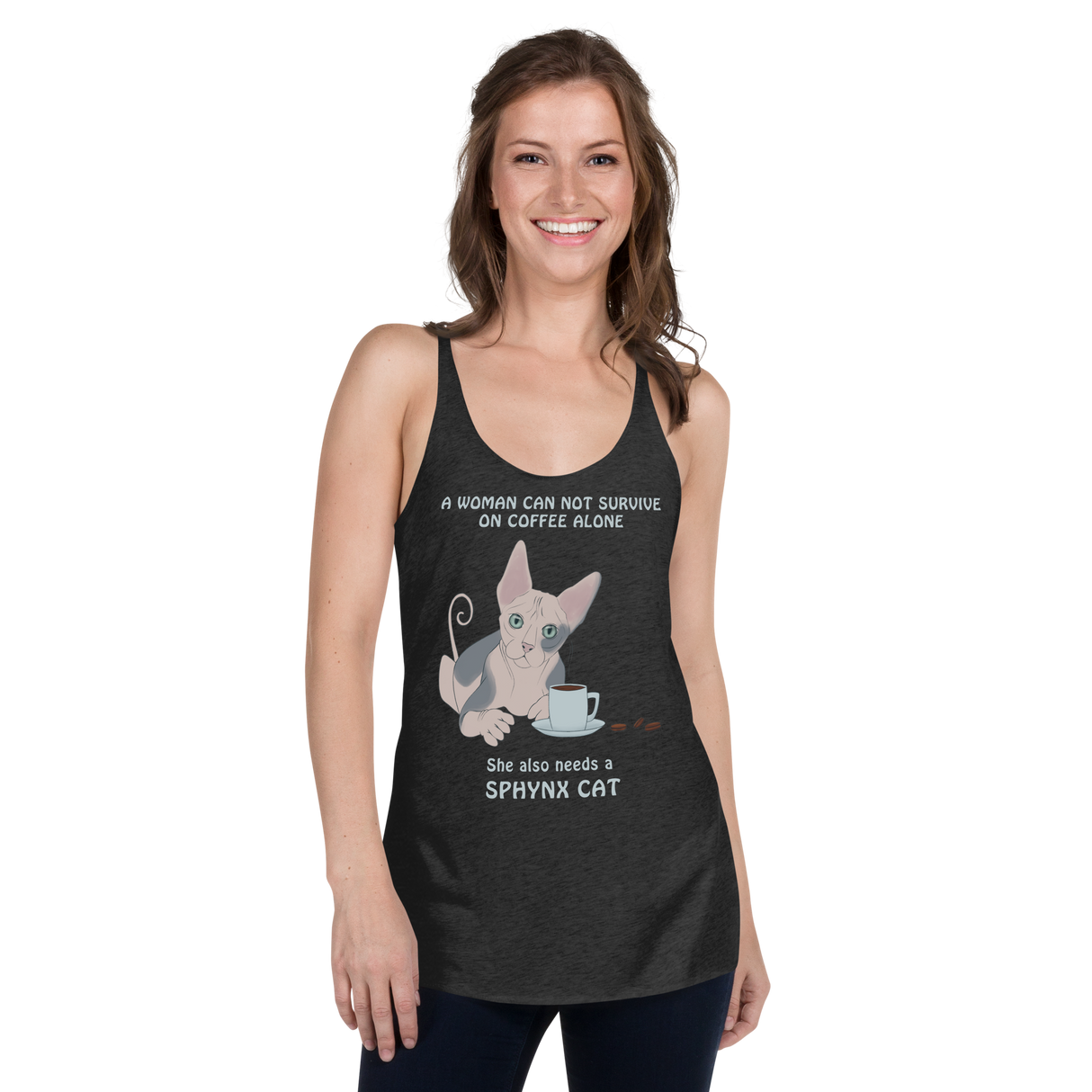"WOMAN CAN'T SURVIVE ON COFFEE ALONE" TANK from ReNewedPet