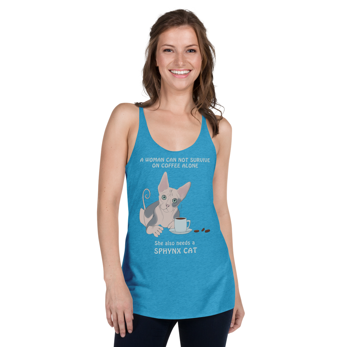"WOMAN CAN'T SURVIVE ON COFFEE ALONE" TANK from ReNewedPet