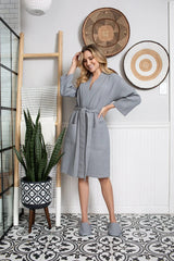 Knee-Length Waffle Kimono Robe for Women From Lotus Linen
