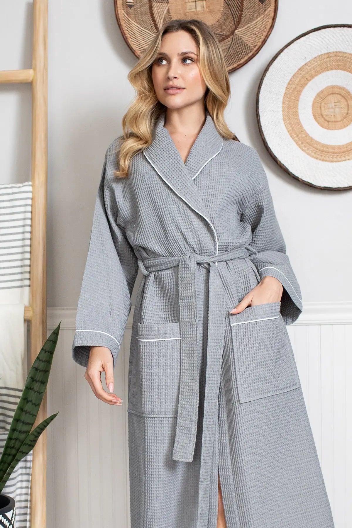 Piped Waffle Bathrobe for Women From Lotus Linen