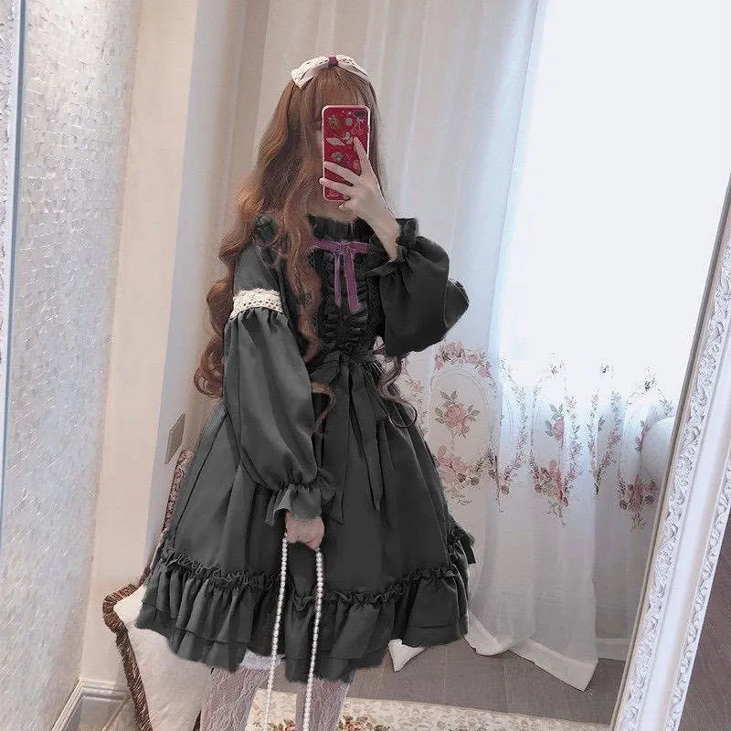 Alice in Wonderland Lolita Dress – Harajuku Fairycore Long Sleeve OP with Lace Trim From Kawaii Stop