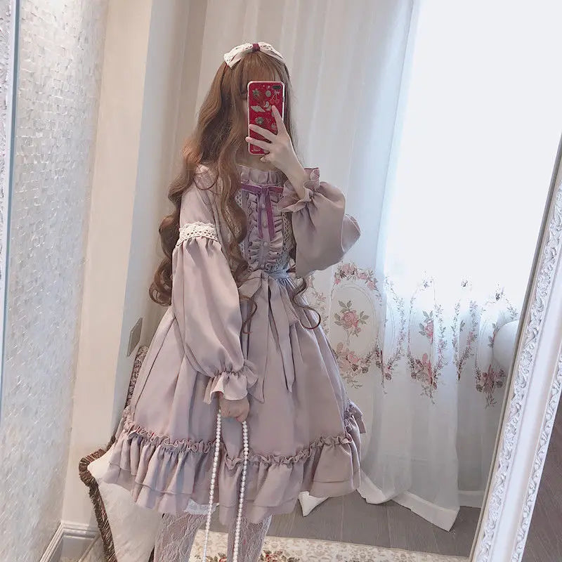 Alice in Wonderland Lolita Dress – Harajuku Fairycore Long Sleeve OP with Lace Trim From Kawaii Stop